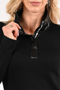 Marc Cain Ribbed Shirt With Shiny Collar in Black